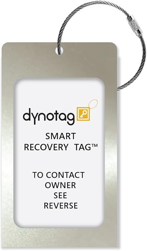 Dynotag® Web Enabled Smart Aluminum Convertible Luggage ID Tag + Braided Steel Loop, with DynoIQ™ & Lifetime Recovery Service (Cool Silver)