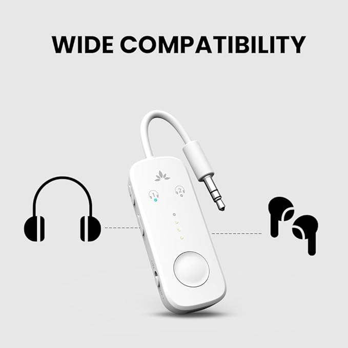 Avantree Relay - Airplane Bluetooth 5.3 Adapter with Qualcomm aptX Adaptive, Supports 2 AirPods or Headphones, 20Hr Playtime, 3.5mm AUX Wireless Audio Transmitter for Travel Flight, Airline, Gym