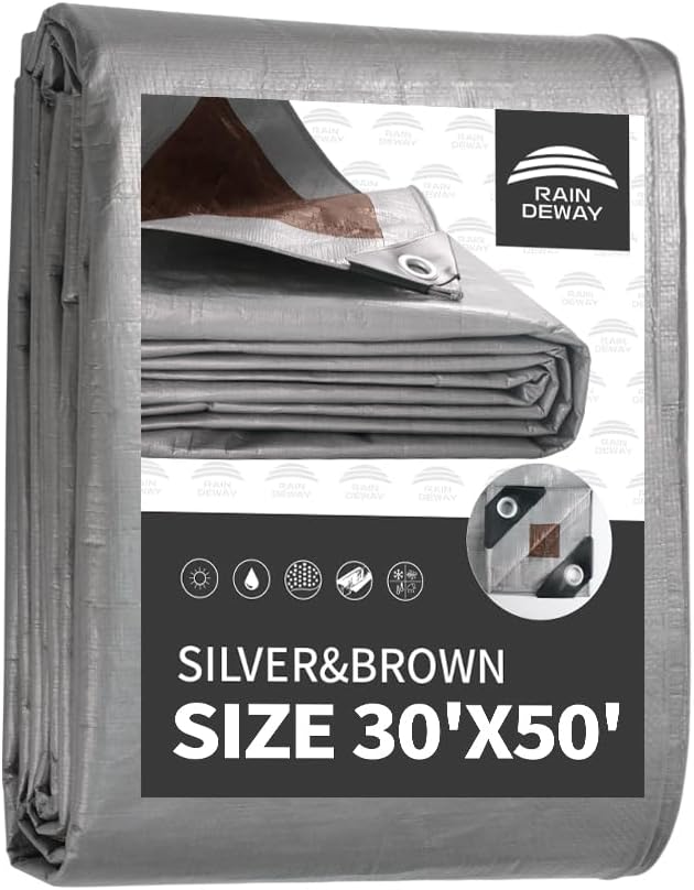 RAINDEWAY Tarps Heavy Duty Waterproof 30x50 Feet, 10 Mil Thick Multipurpose UV Resistance Large Tarp Cover with Metal Grommets and Reinforced Edges, Silver/Brown Tarp