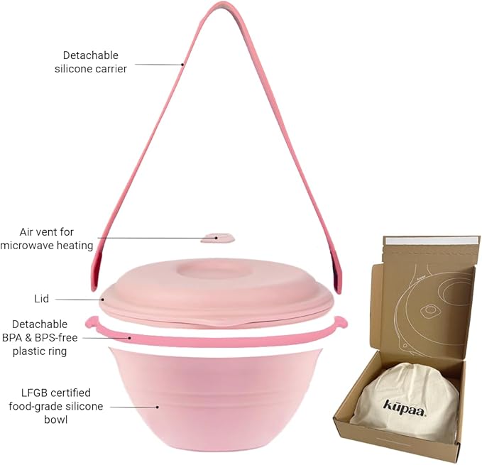 kūpaa Bowl & Carrier Duet – Microwave Safe Silicone Lunch Box For Adults– Collapsible, Leakproof, Food-Grade, Reusable To-Go Container (Rose Quartz)