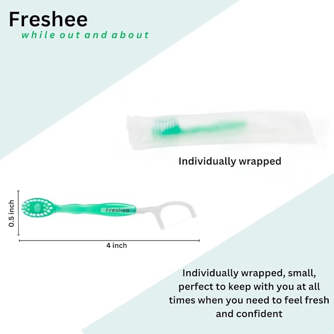 Freshee Bead -5 in 1 Disposable Mini Toothbrush with Refreshing Bead + Floss + Pick + Tongue Scraper | Travel Size | Individually Wrapped | Soft | Extra Minty | Travel Set