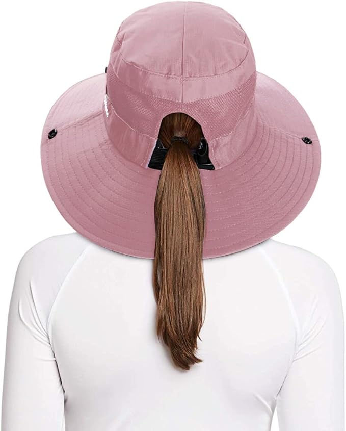 Rosoz Ponytail Sun Bucket Hats for Women UV Protection Foldable Mesh Wide Brim Hiking Beach Fishing Summer Safari