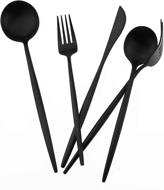Matte Balck Silverware Set,Gugrida 5-Piece 18/10 Stainless Steel Satin Finish Flatware Set,Kitchen Utensil Set,Tableware Travel Cutlery Set for Camping Office or School Lunch, Dishwasher Safe