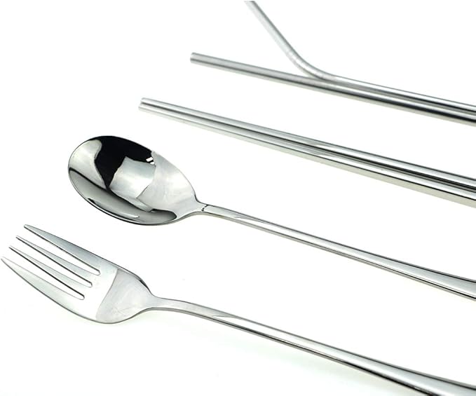 7 Pcs Portable Flatware Set, 304 Stainless Steel Cutlery Set Travel Utensils Set w/Pouch Fork Spoon Chopsticks Straws for Travel Camping Office School, Dishwasher Safe & Eco-Friendly (Silver)