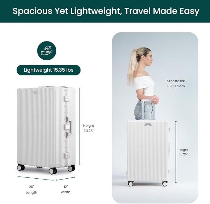 Nobl Travel Zipperless Check In Suitcase - Aluminum Frame, Check In luggage 30.2x20x12 Airline Approved by Noble Travel - Unbreakable Polycarbonate Shell - Dual TSA Locks, 360° Spinner Wheels - White
