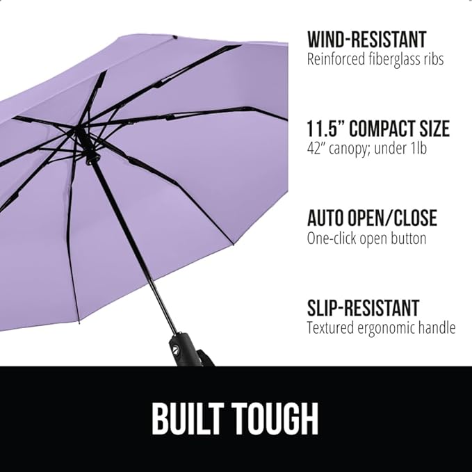 GORILLA GRIP Strong Stick Umbrella for Rain, Compact Travel One-Click Automatic Open Close, Lightweight, Portable, US Designed Reinforced Fiberglass Ribs, Wind Resistant, Easy Collapse, Purple