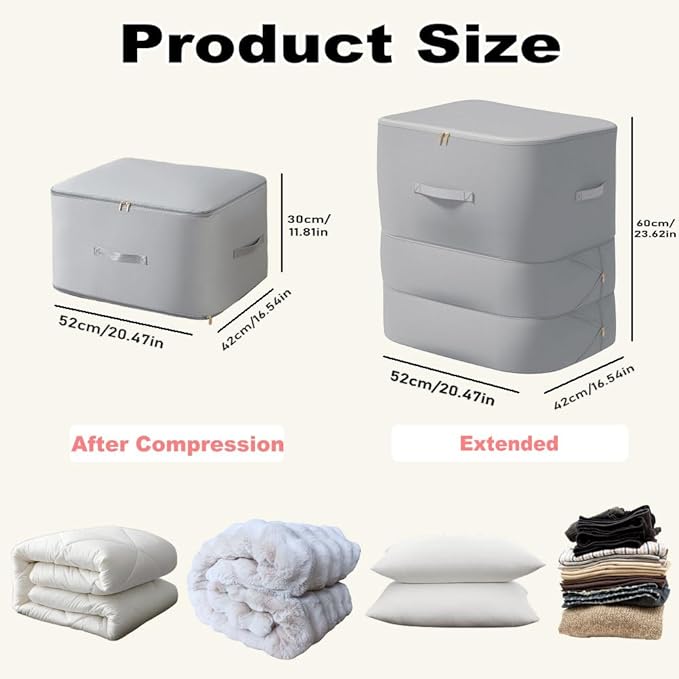 Ultra Space Saving Self Compression Organizer, 2025 New 3-Layer Zipper Large Capacity Storage Bag, Thick Satin Fabric Heavy Duty Bags for Comforters Blankets Bedding Duvet (Gray, X-Large, 21x17x24in)
