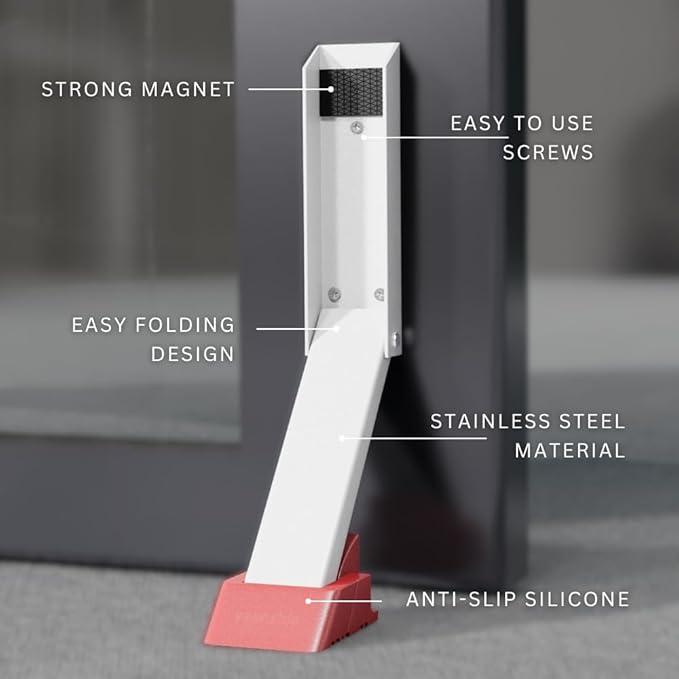 Door Stop, No Drill Door Stoppers - Kickdown Doorstop for Home, Glass Doors, & Outdoors, Easy to Install Doors with Self Adhesive Door Stopper, No Screw Flip Down Portable Door Stopper - White