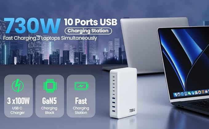 730W USB C Charger Block,10-Ports GaN V Fast Charging Station Hub,QC4.0+Three PD 100W Laptop Charger Wall Power Adapter for MacBook Pro/Air,DELL,iPhone 17/16/15,iPad,Galaxy S25,Pixel,Steam Desk etc