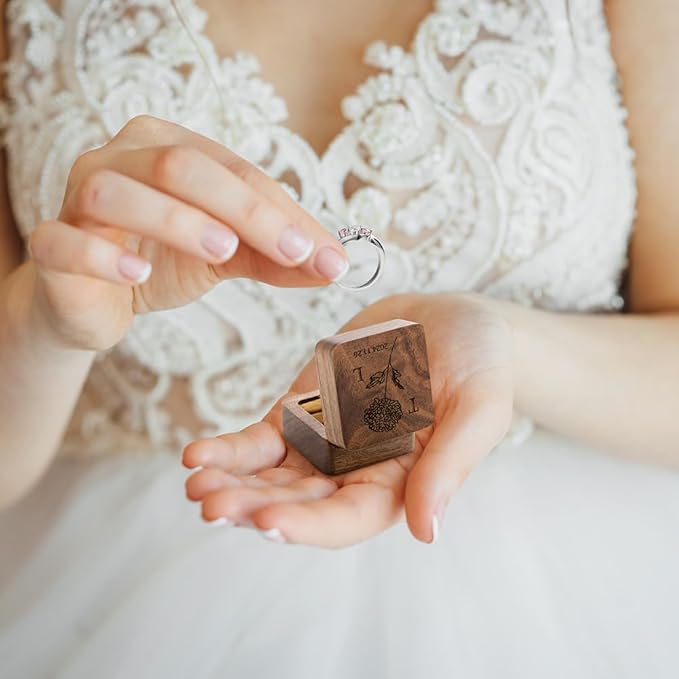 Custom Engraving Ring Gift Box Wooden Presentation Jewelry Box Case with 3 Ring Slots for Proposal Engagement Wedding Ceremony Birthday Gift
