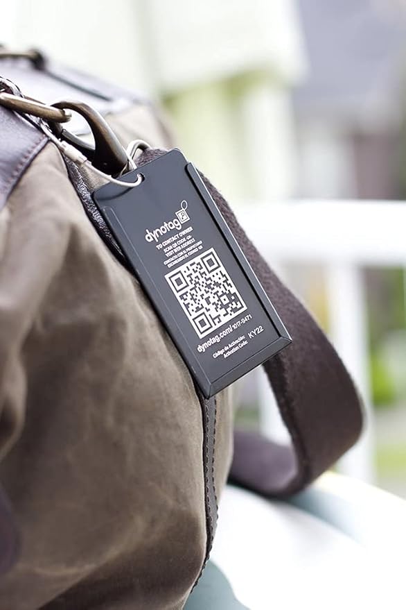 Dynotag® Web Enabled Smart Aluminum Convertible Luggage ID Tag + Braided Steel Loop, with DynoIQ™ & Lifetime Recovery Service (Midnight Black)