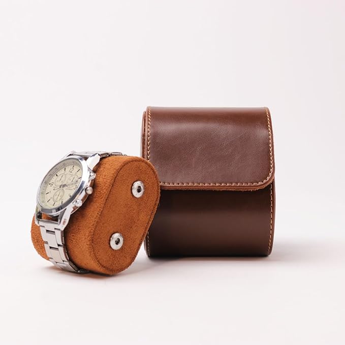 HAN QIANG Single Watch Roll Travel Case Chic Portable Vintage Leather Display Watch Storage Box Gift Watch Case (Brown), HQ-099