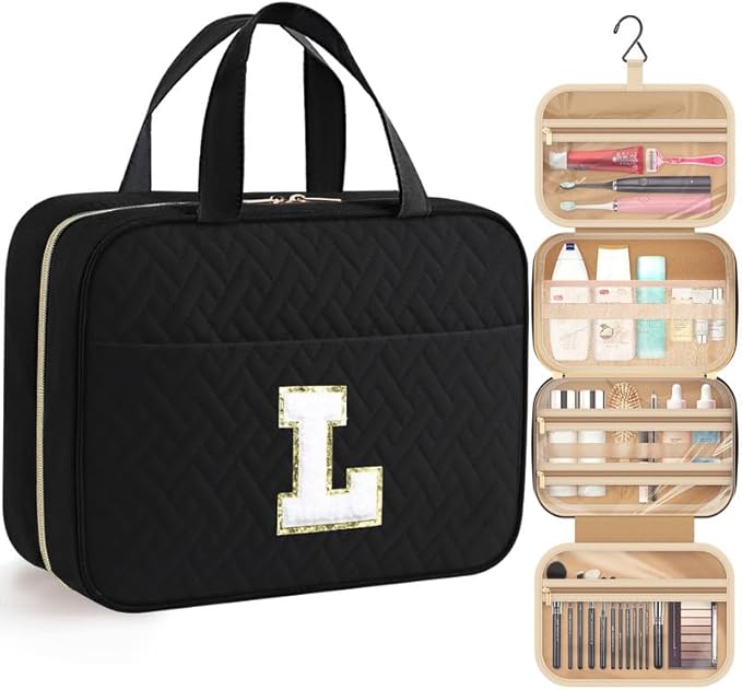 HOTOR Travel Toiletry Bag - Personalized Chenille Initial Makeup Bag, Water-Resistant Personalized Gifts for Women, Portable Travel Accessories & Essentials, Letter L, Black, 11.4"×9.0"×3.35"