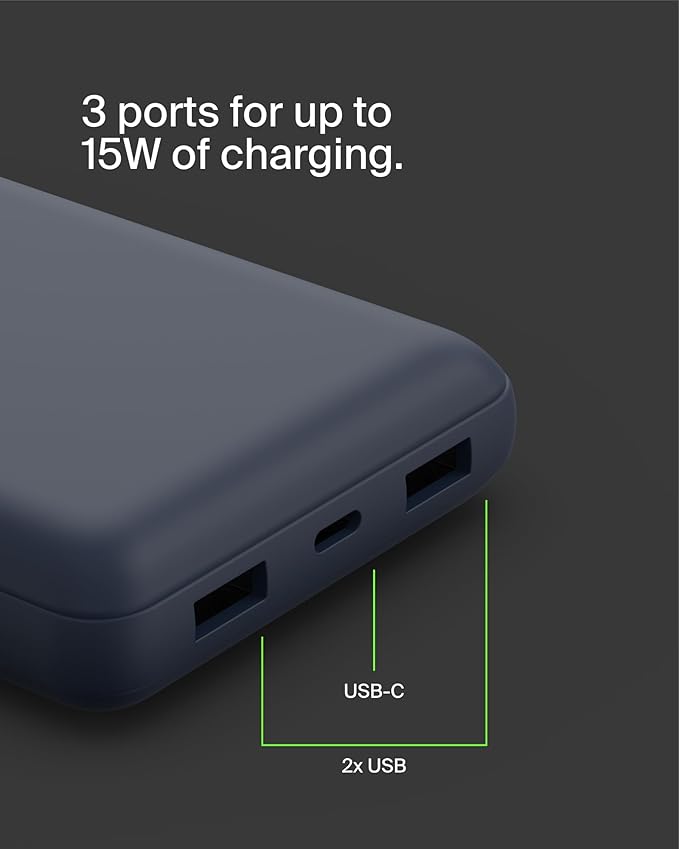 Belkin Portable Charger, USB C Power Bank 20000 mAh w/ 2 USB-A Ports, 15W w/ Type-A to Type-C Cable for iPhone 16, 15, Plus, Pro, Max, Samsung Galaxy S25, S24, Google Pixel 10, iPad, etc. - Blue
