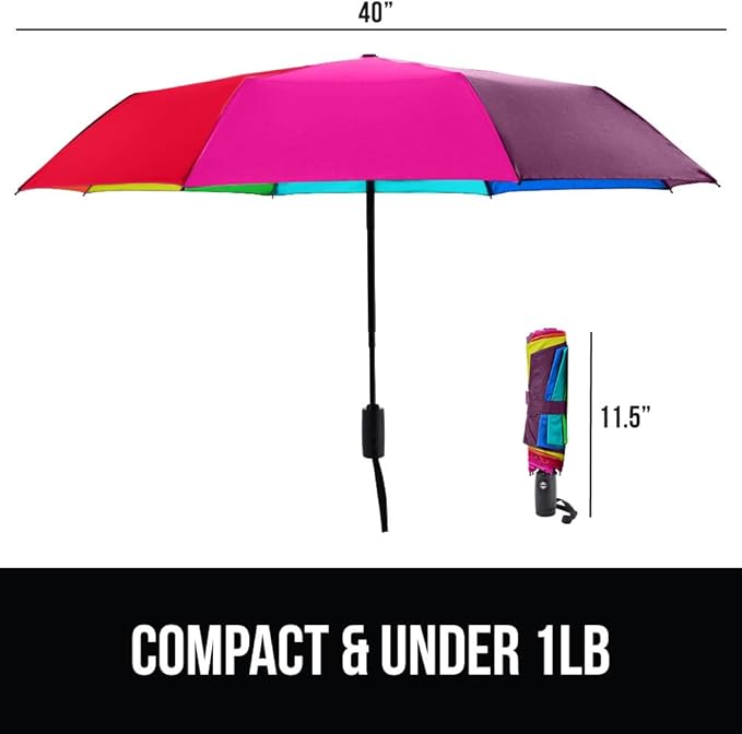 GORILLA GRIP Strong Stick Umbrella for Rain, Compact Travel One-Click Automatic Open Close, Lightweight, Portable, US Designed Reinforced Fiberglass Ribs, Wind Resistant, Easy Collapse, Rainbow