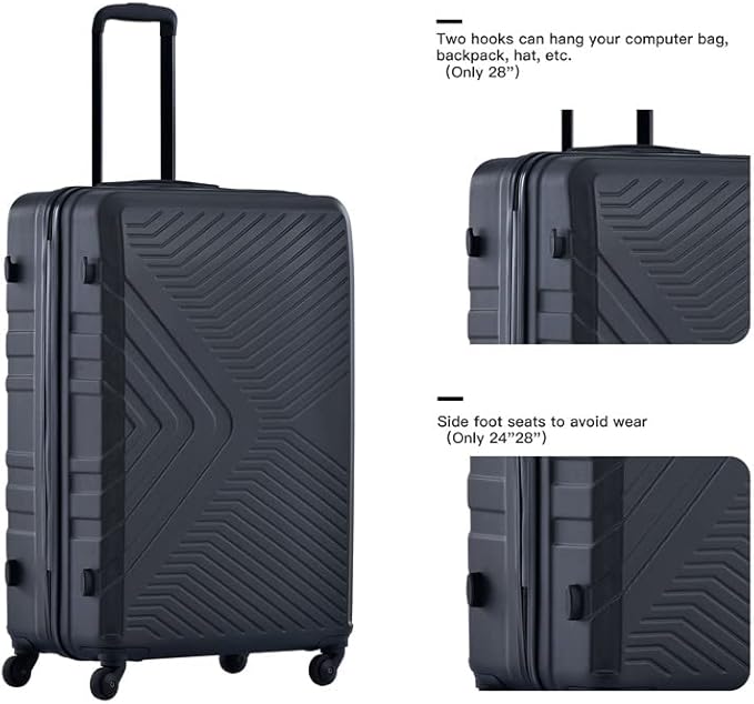 Campfun 3 Piece Luggage Sets, Hardshell ABS Luggage with TSA Lock, Carry On Suitcase Sets Lightweight Durable with 2 Hooks & Spinner Wheels, 20in/24in/28in - Black(C)