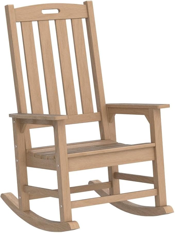 Psilvam Oversized Outdoor Rocking Chair Set of 2, Porch Rocker with 21" Wide Seat and 32" Tall Backrest, Pre-Assembled with Most Components for Effortless Installation (Teak Color)