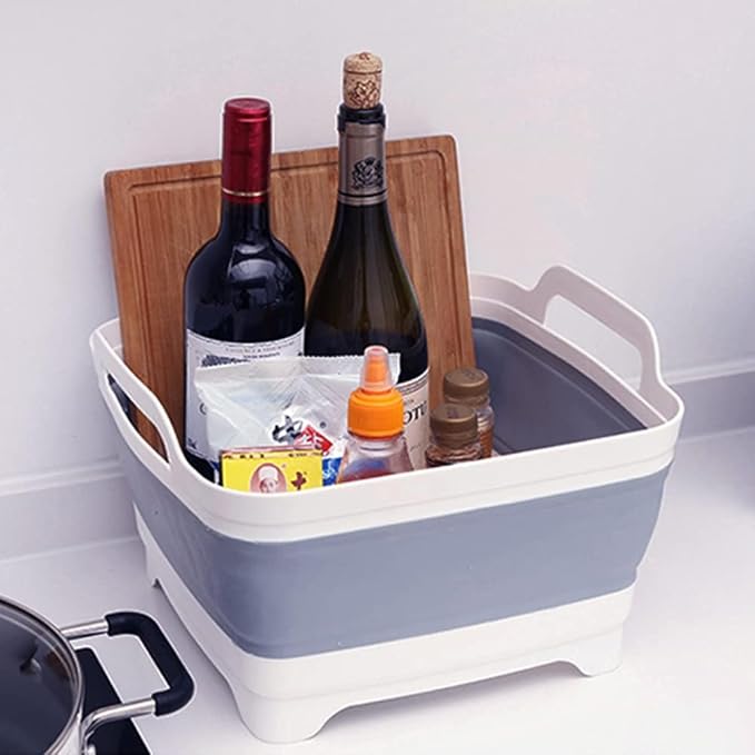 2.4 Gal(9L) Collapsible Dish Basin with Drain Plug - Multiuse Foldable Wash Basin for Baby Bottles, Space-Saving Multiuse Dish Tub, Kitchen Sink for Camping, Dishes Washing, RV (Gray)