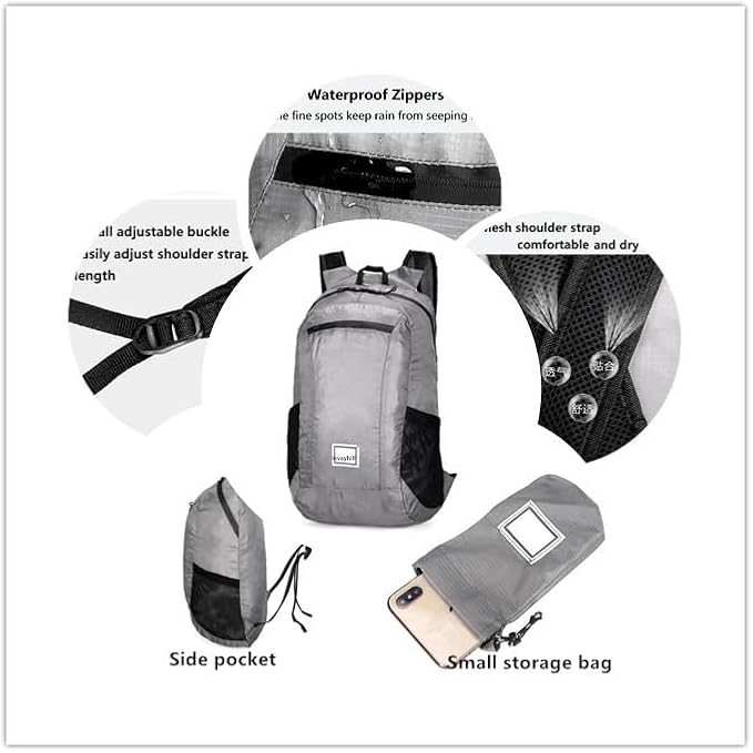 Small Foldable Hiking Daypack Packble Skin Casual Backpack Camping Cycling Travel Outdoor Day Bags Useful (Gray)