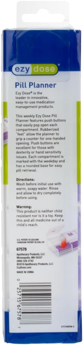 EZY DOSE Pill Organizer Weekly (7-Day), Medicine Planner, Vitamin Case/Box, 2X-Large Push-Button Compartments, Easy to Use, Travel-Friendly, Purple, BPA Free