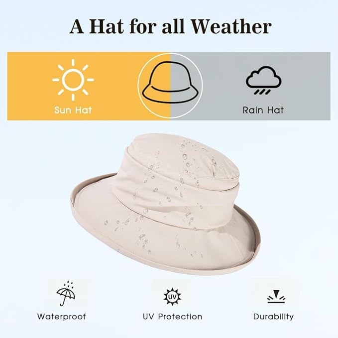 Comhats Rain Hat for Women Waterproof Wide Brim Sun Hats for Ladies UV Protection Summer Bucket Hats Beach Packable 55-62CM