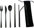 7 Pcs Portable Flatware Set, 304 Stainless Steel Cutlery Set Travel Utensils Set w/Pouch Fork Spoon Chopsticks Straws for Travel Camping Office, Dishwasher Safe (Black)