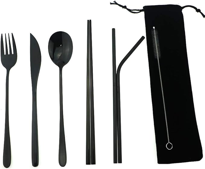 7 Pcs Portable Flatware Set, 304 Stainless Steel Cutlery Set Travel Utensils Set w/Pouch Fork Spoon Chopsticks Straws for Travel Camping Office, Dishwasher Safe (Black)