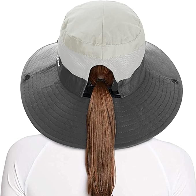 Rosoz Ponytail Sun Bucket Hats for Women UV Protection Foldable Mesh Wide Brim Hiking Beach Fishing Summer Safari