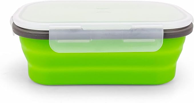 Green Food Grade Silicone Lunch Container Bento Box, Collapsible Food Storage Containers with Airtight Lids and 2in1 Fork, Reusable Food Container for Travel Camping, 1000ml Microwave Container