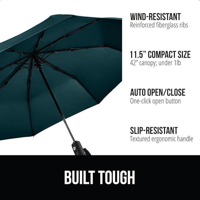 GORILLA GRIP Compact Stick Umbrella for Rain, Travel One-Click Automatic Open Close, Lightweight, Portable, US Designed Reinforced Fiberglass Ribs, Wind Resistant Easy Collapse, Hunter Green