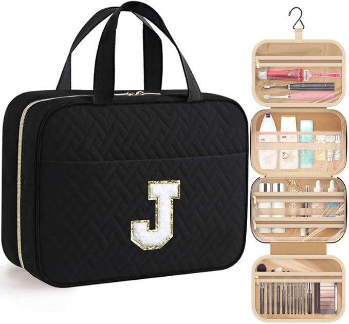 HOTOR Travel Toiletry Bag - Personalized Chenille Initial Makeup Bag, Water-Resistant Personalized Gifts for Women, Portable Travel Accessories & Essentials, Letter J, Black, 11.4"×9.0"×3.35"