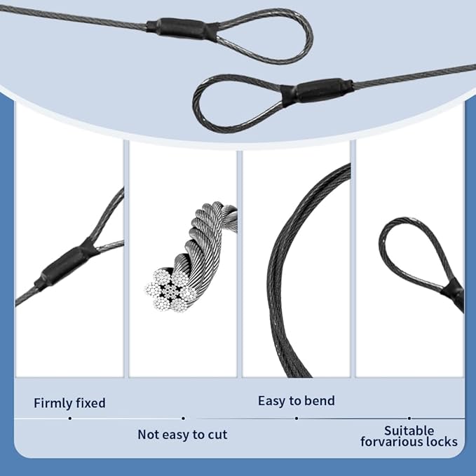 3.3mm (1/8 Inch) Outdoor Travel Stainless Steel Security Cable-20ft Luggage Lock Safety Wire Flexible Steel Wire Rope with Double Loop Safety for Luggage, Bike, Lock (Black, 20ft-(1Pack)