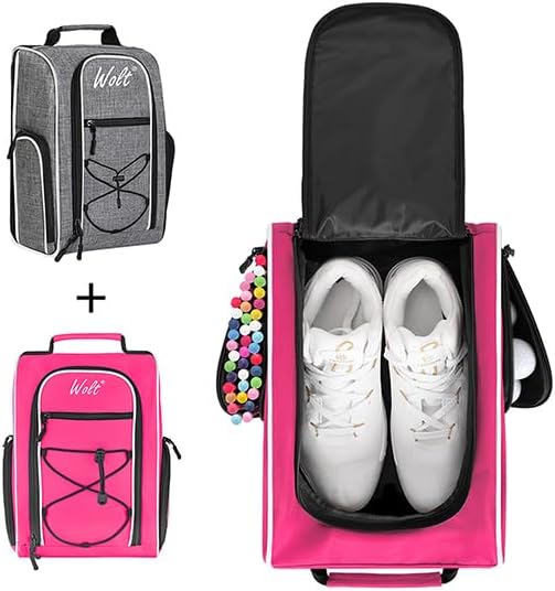 Wolt 2 Pcs Golf Shoe Bag for Travel- Zippered Shoes Carrier Bags with Ventilation & Double Outside Accessory Pocket for Socks, Tees, Golf Balls, etc. for women and men (Grey+Pink)