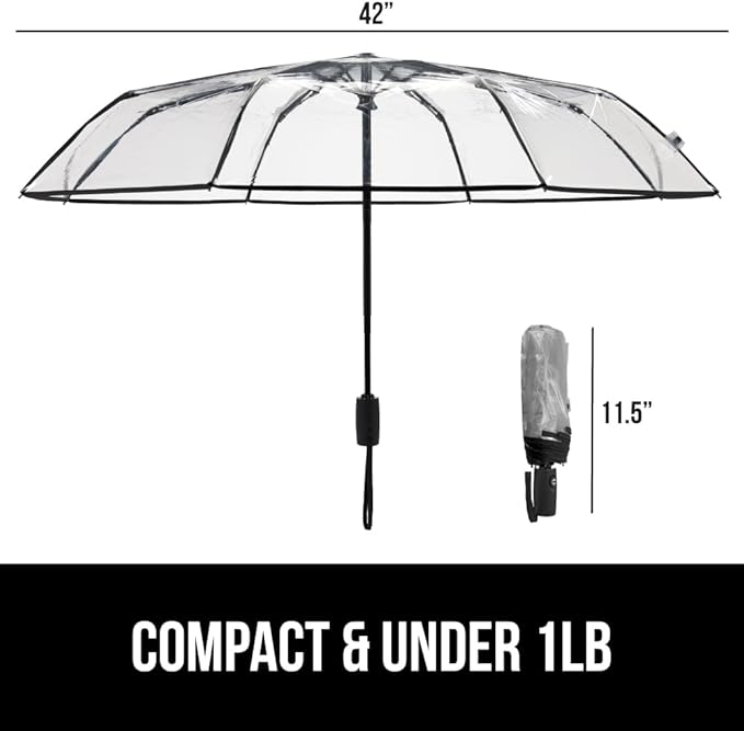 GORILLA GRIP Strong Stick Umbrella for Rain, Compact Travel One-Click Automatic Open Close, Lightweight, Portable, US Designed Reinforced Fiberglass Ribs, Wind Resistant, Easy Collapse, Clear