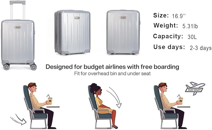 18-inch Carry-on Boarding Luggage: Equipped with Movable Wheels, TSA Approved,Under the Seat, Hard Shell Construction, Lightweight Bag with Essential Accessories (Pearl Silver)