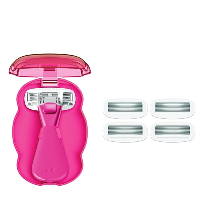 Women's Mini Travel Razor Shave Kit, 1 Mini Travel Razor Handle + 5 Blade Refills, Super Pink