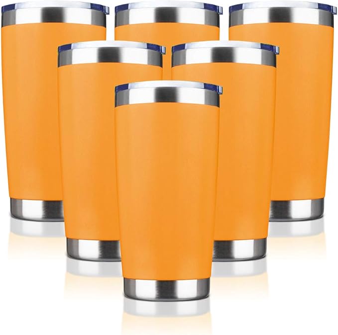 20oz Tumbler Bulk Stainless Steel Vacuum Insulated Tumblers with Lid Double Wall Travel Mug, Durable Powder Coated Coffee Cup, Suitable for Ice Drinks and Hot Beverage (Orange 6pack)