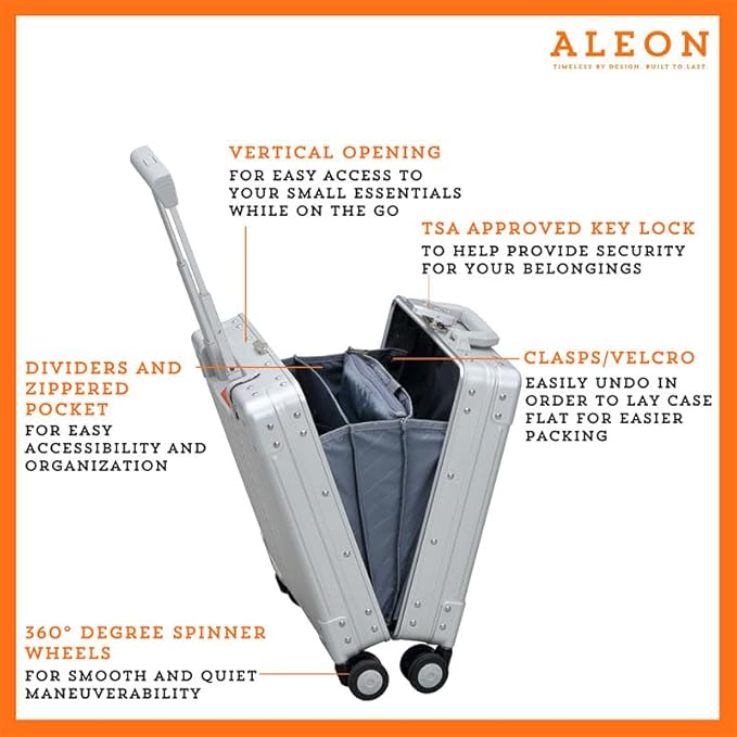 Aleon 16” Aluminum Vertical Underseat Carry-On Luggage - Luxury Business Briefcase with Wheels - Hardshell Suitcase for Airplane Travel (Platinum)