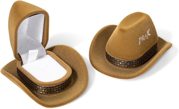 Custom Vintage Brown Cowboy Hat Jewelry Box - Decorative Ring Holder for Wedding and Engagement Rings - Elegant Storage Case and Gift for Western-Themed Ceremonies and Proposals