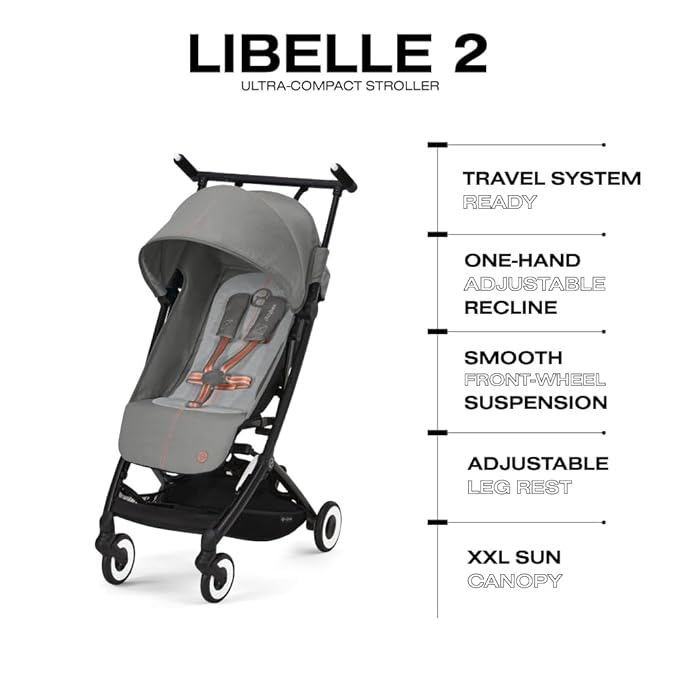 Cybex Libelle Lightweight pockit Travel Baby Stroller - Carry-On Compliant Compact Fold, One-Hand Adjustable Recline - Compatible with CYBEX Car Seats, Lava Grey