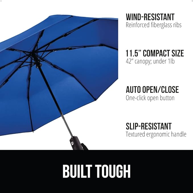 GORILLA GRIP Strong Stick Umbrella for Rain, Compact Travel One-Click Automatic Open Close, Lightweight, Portable, US Designed Reinforced Fiberglass Ribs, Wind Resistant, Easy Collapse, Navy