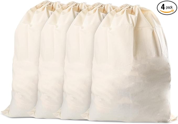 Vintage Vista 100% Cotton Laundry Bag with Drawstring Closure (Set of 4) - Reusable & Washable Travel Laundry Bags for Dirty Clothes - Canvas Drawstring Bags - Laundromat Bag Multipack (Natural Color)