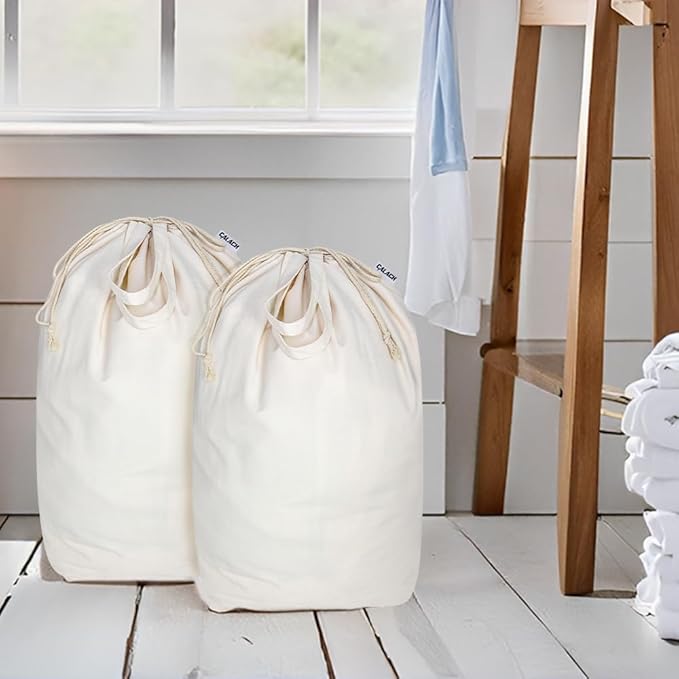Canvas Laundry Bags with Handles & Square Base13.8"x 13.8", Large Heavy Duty Laundry Basket Hamper Liner, College Dorm Washable Drawstring Cotton Dirty Clothes Bag (Natural,2 Pack)