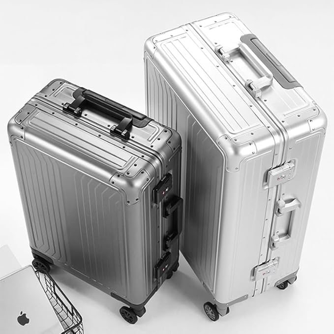 Metal all aluminum carry-on suitcase 20 "hard face, TSA lock and rotating wheel zippered luggage set (dark grey, 24 '')