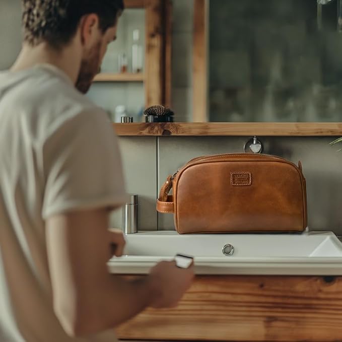 LEATHER VILLAGE Premium Leather Toiletry Travel Pouch With Waterproof Lining - Sun Tan | King-Size Handcrafted Vintage Dopp Kit Bag
