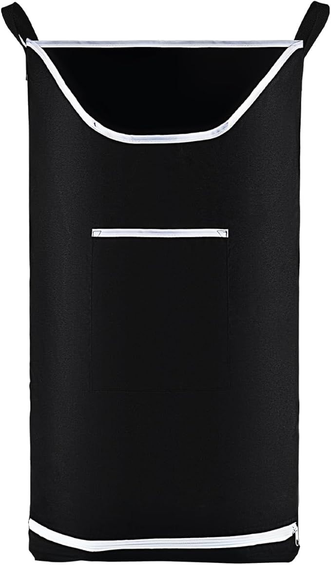 Hanging Laundry Hamper Bag Behind Door Hampers for Laundry Hanging Save Space Zipper Laundry Hamper Door Hanging with 2 PCs Stainless Steel Hooks Suction Hooks for Wall/Bathroom (Black)