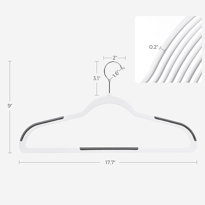 SONGMICS Clothes Hangers, Pack of 50 Plastic Coat Hangers, Space-Saving, 0.2 Inches Thick, 17.7 Inches Wide, 360° Swivel Hook, Cloud White and Dark Gray UCRP050W50