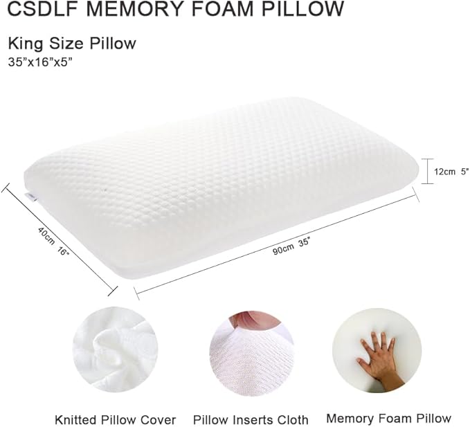 Memory Foam Bed Pillows, Pillow for Side and Back Sleeper, Pillow for Neck Pain Relief, Washable Removable Cover, Soft, White (King)