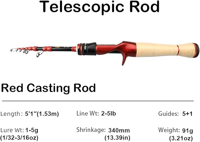 PURELURE Fishing Rod Telescopic, Carbon Fiber Spinning Casting Travel Rod, Spare Solid Carbon Tip, 3A Cork Handle, ABS Metal Reel Seat, Floating Guide Ultralight Portable Fishing Pole