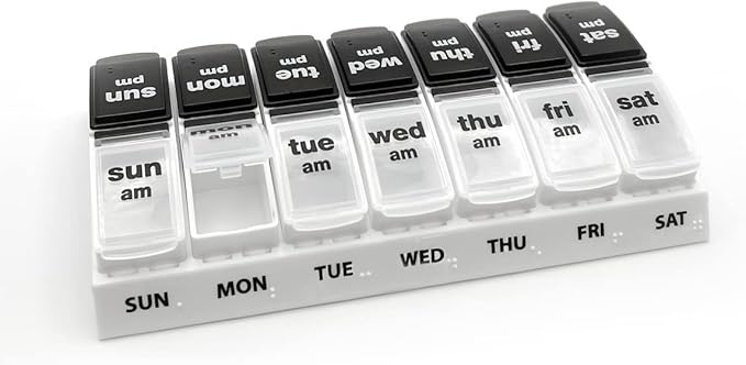 EZY DOSE Weekly (7-Day) Daily AM/PM Pill Case, Medicine Planner, Vitamin Organizer, Supplement Container, Large Pop-Out Compartments, Designed for Travel 2 Times a Day, Black and White Lids